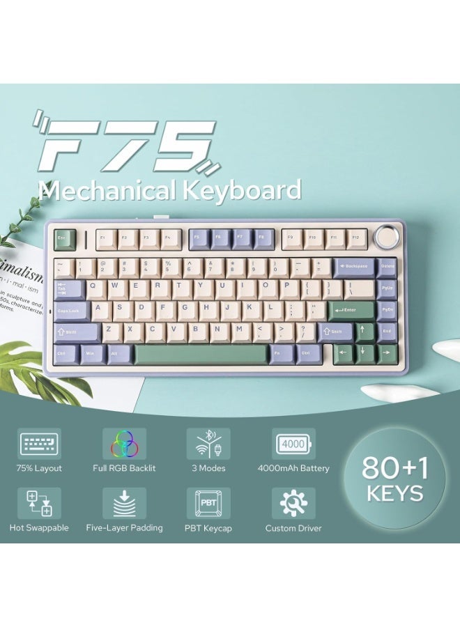 ابوماكر لوحة مفاتيح F75 الميكانيكية، لوحة مفاتيح ألعاب لاسلكية قابلة للتبديل السريع بنسبة 75% مع حشوة ومقبض من خمس طبقات، بلوتوث/2.4 جيجاهرتز/USB-C، إضاءة RGB (أخضر، مفتاح ) - Image 4