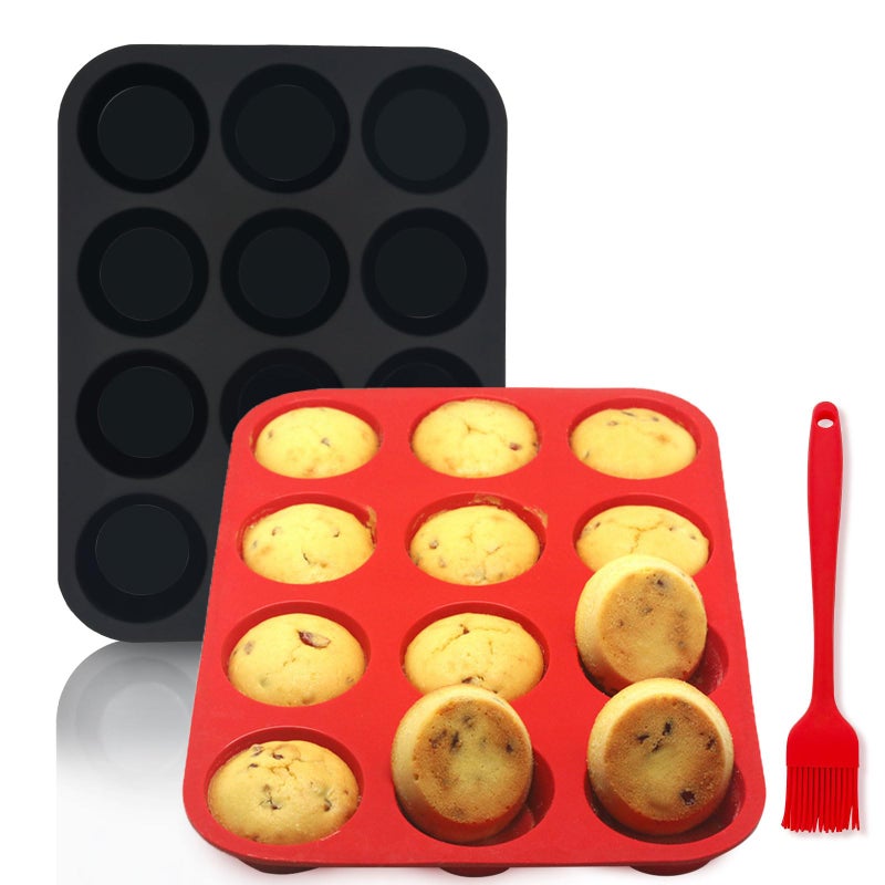 Bongpuda Silicone Muffin Pan Set2 Pcs 28 12 Cups Egg Bite MoldNonStickEasy ReleaseFor Egg Muffins Cupcakes Large MuffinsPizza MuffinsCheesecakesBlack  Red