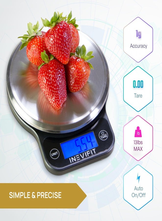 INEVIFIT Digital Kitchen Scale, Highly Accurate Multifunction Food Scale 13 lbs 6kgs Max, Clean Modern Black with Premium Stainless Steel Finish. Includes Batteries - Image 2