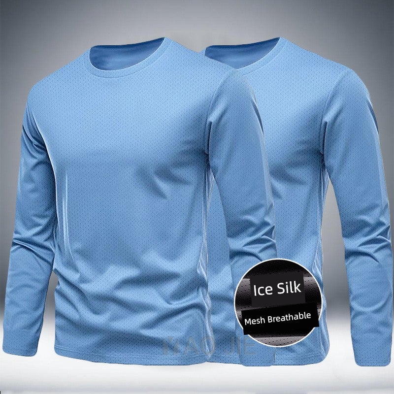Spring and summer plus size ice silk mesh men's quick-drying long-sleeved round-neck sports running clothes fat T-shirt fitness training clothes - Image 3