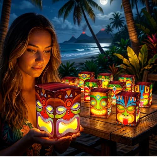 Baquler 24 Pcs Tiki Totem Box Decor with Light Hawaiian Luau Party Decoration Tropical Luau Aloha Tiki Bar Boxes Gift for Survivor Themed Party Decorations Outdoor Indoor Supplies - Image 3