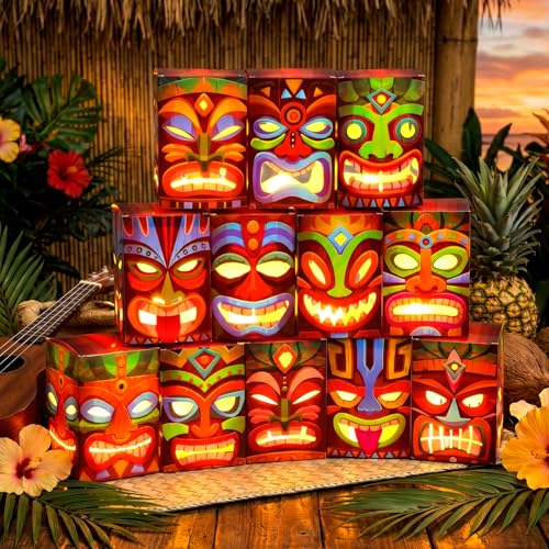 Baquler 24 Pcs Tiki Totem Box Decor with Light Hawaiian Luau Party Decoration Tropical Luau Aloha Tiki Bar Boxes Gift for Survivor Themed Party Decorations Outdoor Indoor Supplies - Image 1