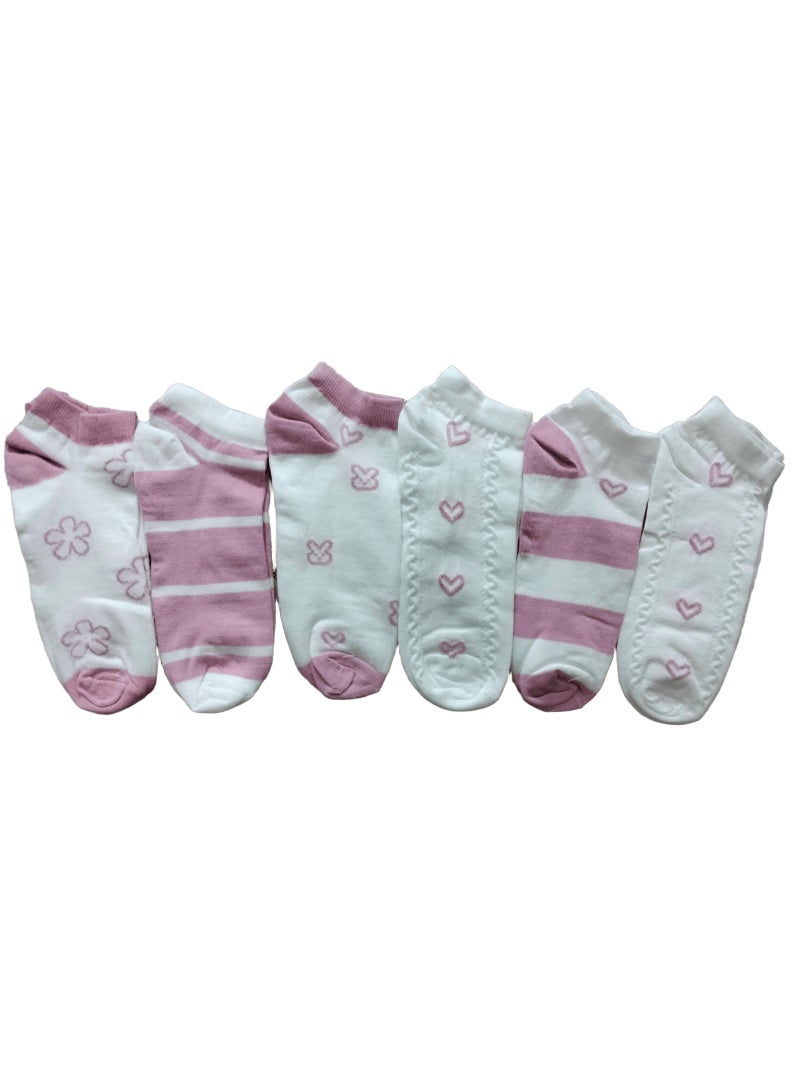 SMARTEDGE Women's Stylish Heart-Print Socks - Roses, Short Summer Socks, Very Elegant, Set of 6 Pairs in Assorted Colors. Trendy design for women and girls.