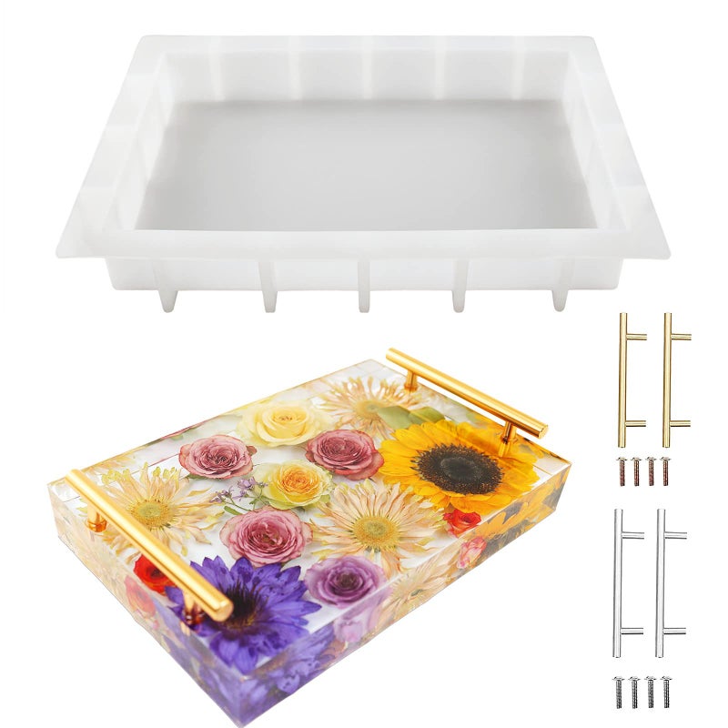 JEYUQAXY JEYUQAXY Large Silicone Tray Molds for Resin 135X95 Deep Rectangle Epoxy Tray Molds with 4pcs Gold  Silver Handles Resin Table Mold for River Board Table DIY Art Home Decoration