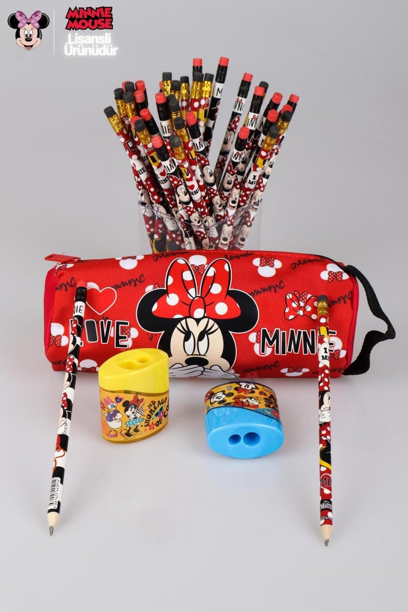 Disney Dekomus Licensed Minnie Mouse Pencil Bag and 2 Pencils with Erasers and Sharpener Set - Image 1