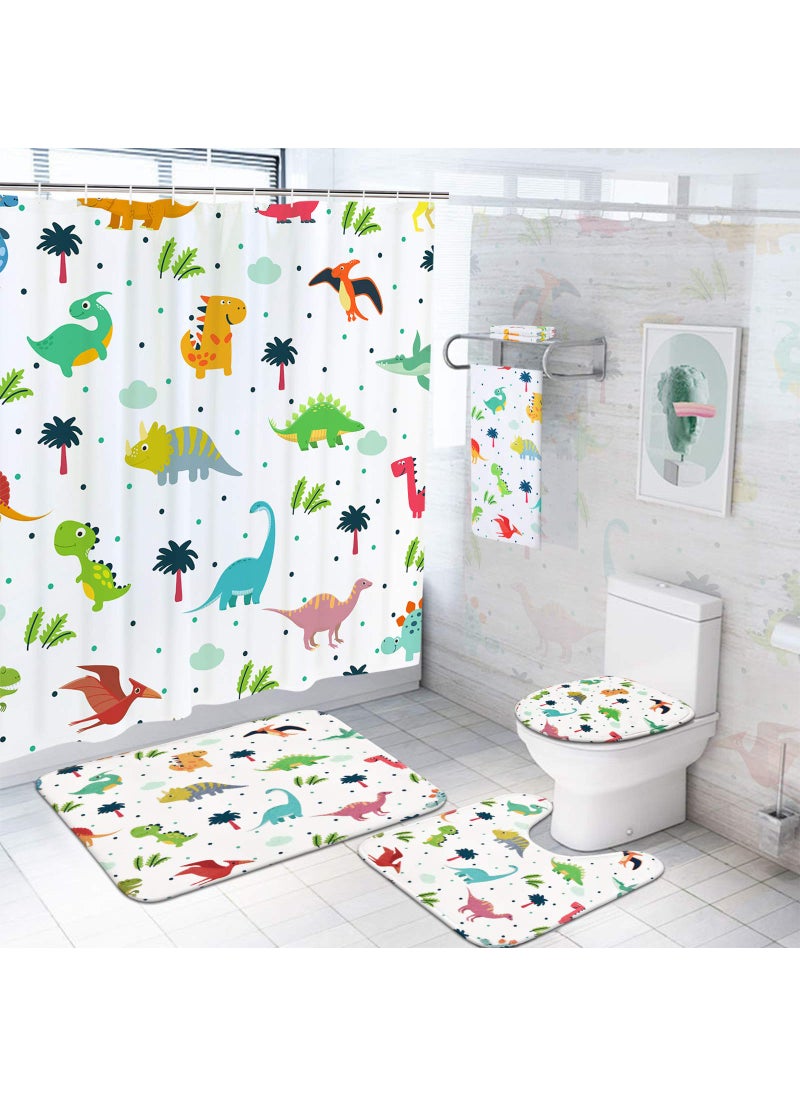 Ikfashoni Ikfashoni 7 Piece Cartoon Dinosaurs Shower Curtain Set with Rugs and Towels Include NonSlip Rug Toilet Lid Cover Bath Mat and Towels Cute Kids Shower Curtain with 12 Hooks for Bathroom 
