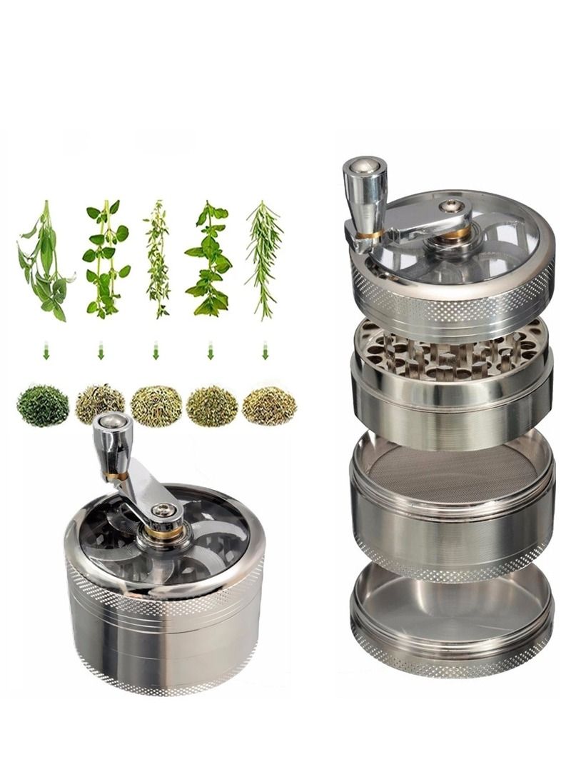 4 Layer Spice Crusher With Hand Crank Magnetic Lid Silver  - Image 1