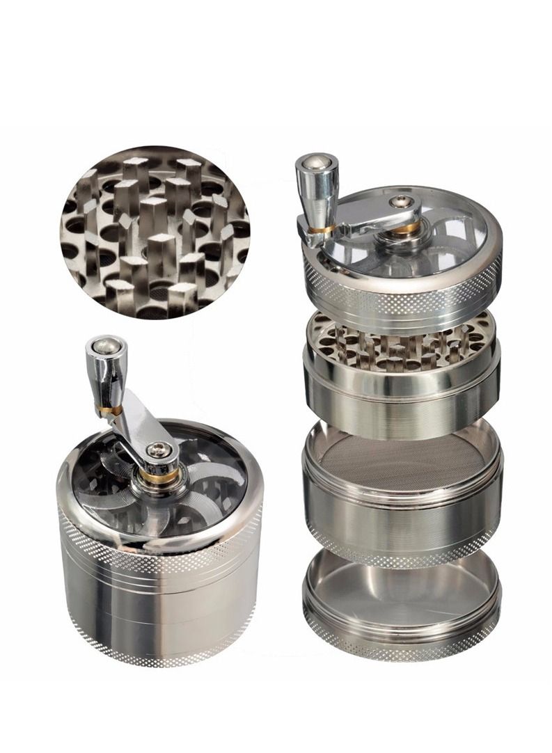 4 Layer Spice Crusher With Hand Crank Magnetic Lid Silver  - Image 2