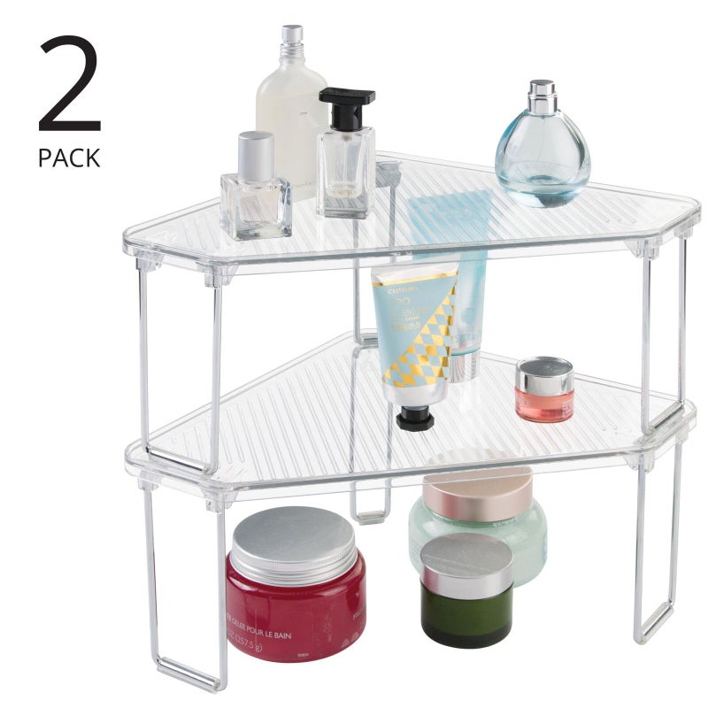 mDesign Plastic/Steel Corner Stackable Rack, Storage Organizer Shelf for Bathroom, Vanity, Countertop, Sink, Cabinet, Holds Makeup, Shower Accessories, Ligne Collection - 2 Pack - Clear - Image 2