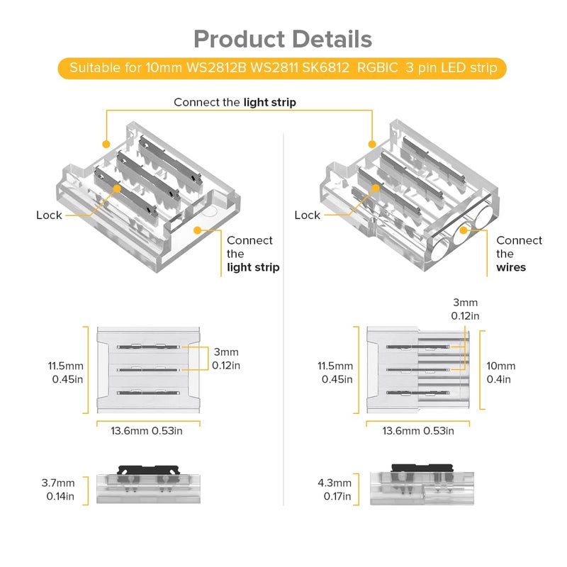 BTF-LIGHTING 3 Pin 10mm 0.39in Width Transparent Connector Kit,4xGapless Solderless 8PCS Corner Connectors,4PCS 5.9in Long 22AWG Extension Wires,Support WS2812B WS2811 SK6812 SMD LED Strips - Image 2