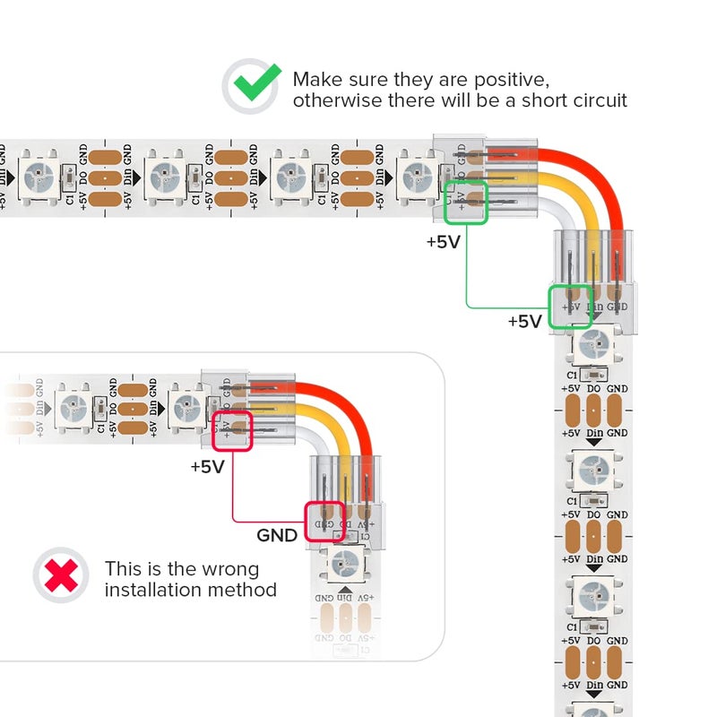 BTF-LIGHTING 3 Pin 10mm 0.39in Width Transparent Connector Kit,4xGapless Solderless 8PCS Corner Connectors,4PCS 5.9in Long 22AWG Extension Wires,Support WS2812B WS2811 SK6812 SMD LED Strips - Image 4