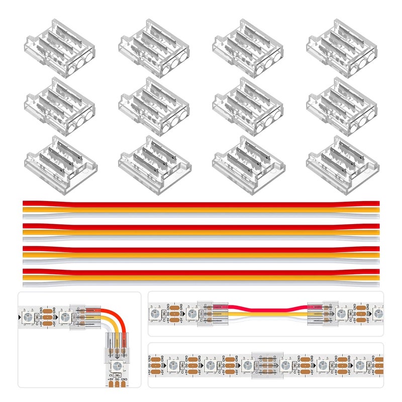 BTF-LIGHTING 3 Pin 10mm 0.39in Width Transparent Connector Kit,4xGapless Solderless 8PCS Corner Connectors,4PCS 5.9in Long 22AWG Extension Wires,Support WS2812B WS2811 SK6812 SMD LED Strips - Image 1