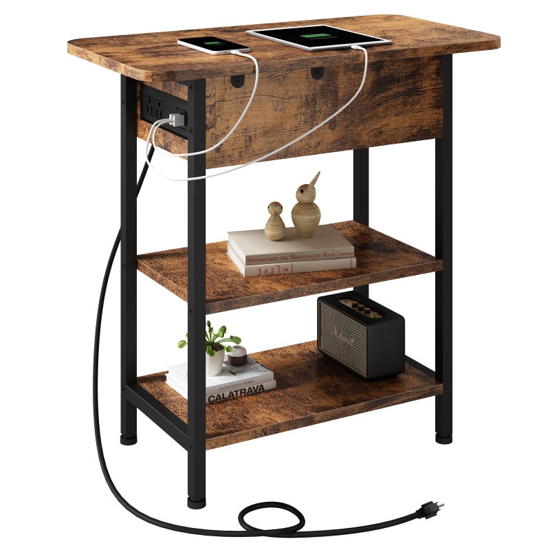 LIDYUK End Table with Charging Station, Flip Top Side Table with USB Ports and Outlets, Nightstand for Small Spaces, Bedside Tables with Storage Shelf for Living Room, Bedroom, Brown - Image 1