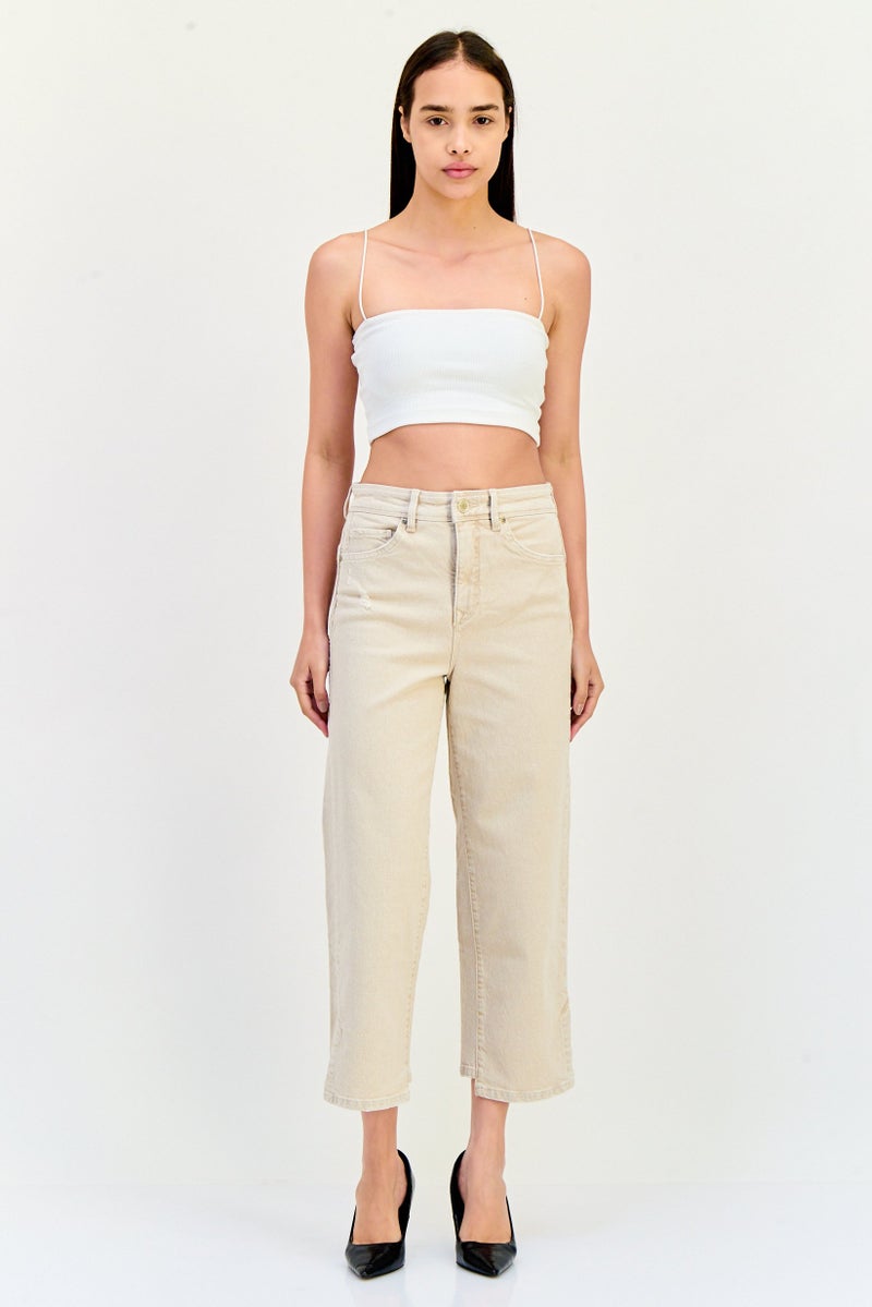 SALSA Women Cropped Straight Fit Washed Stretchable Jeans, Beige  - Image 2