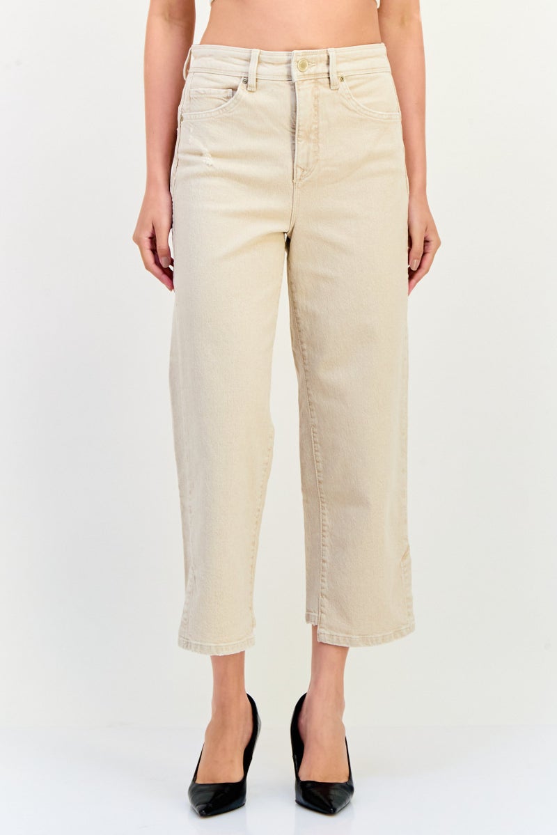SALSA Women Cropped Straight Fit Washed Stretchable Jeans, Beige  - Image 1
