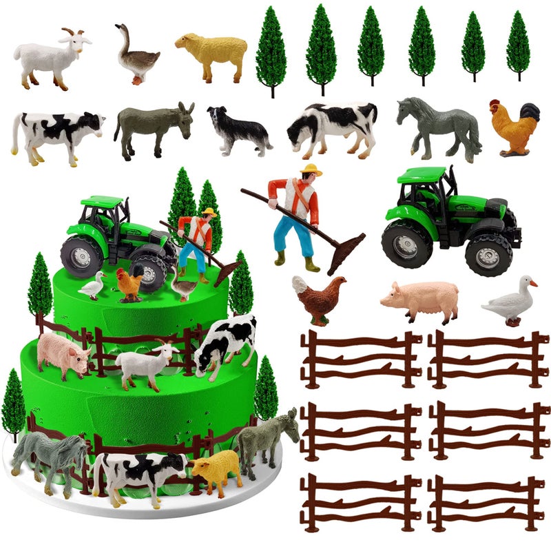 TOSPARTY 26 PCS Mini Farm Animal Tractor Cake Topper Set with Tree Farmer Fences Cow Pig Sheep Figures Tractor farmer Cake Topper for Boy Girl Birthday Party Decorations - Image 3