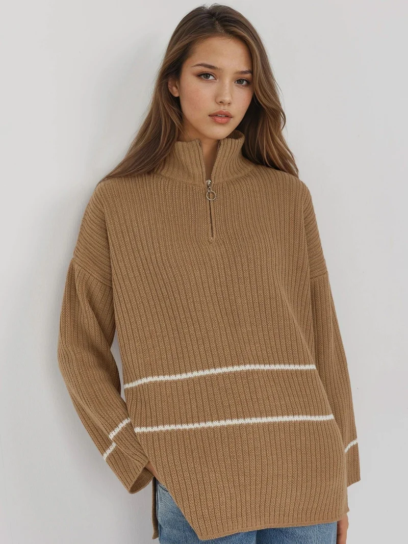 MY FASHION Loose Fit Striped Sweater with Zipper Collar