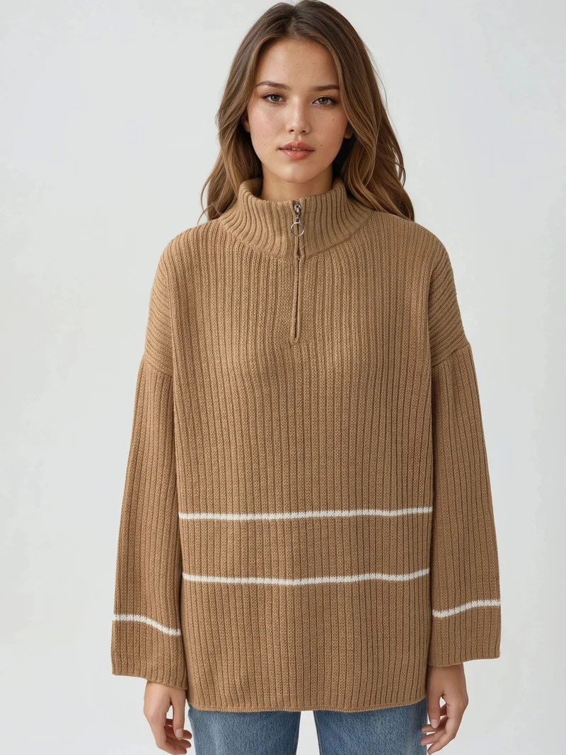 My Fashion Camel Brown MY FASHION Loose Fit Striped Sweater with Zipper Collar for Women | Best Price UAE