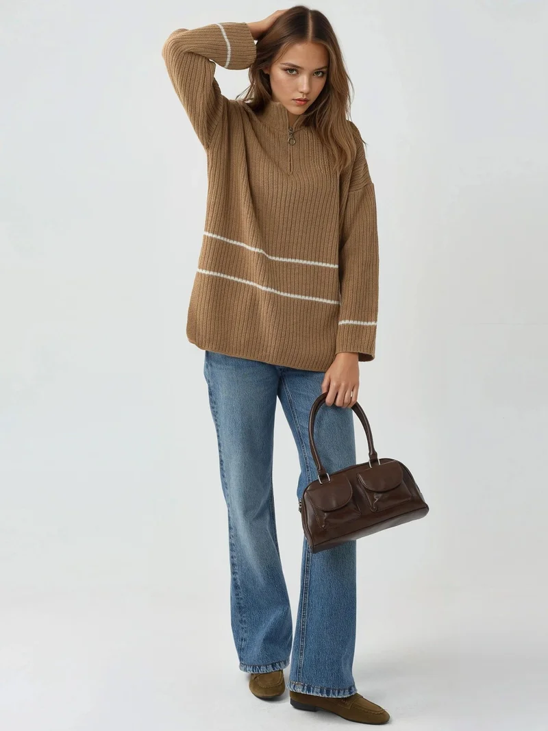My Fashion Camel Brown MY FASHION Loose Fit Striped Sweater with Zipper Collar for Women | Best Price UAE
