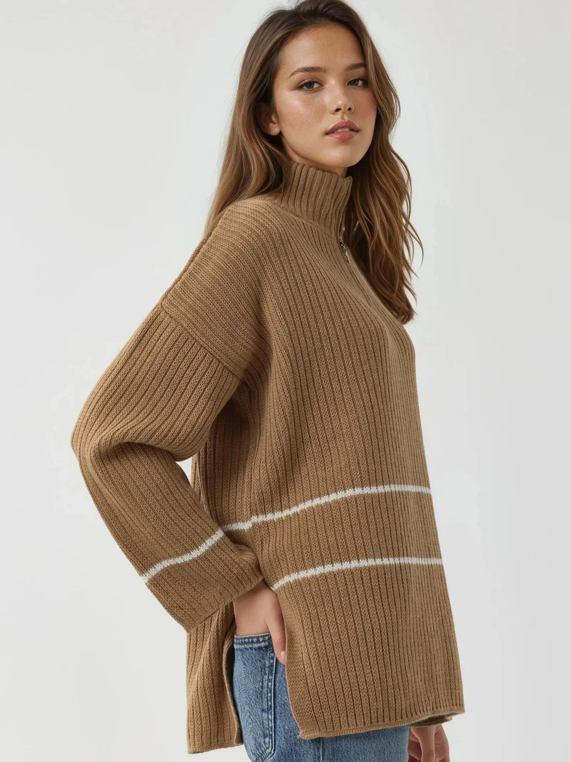 My Fashion Camel Brown MY FASHION Loose Fit Striped Sweater with Zipper Collar for Women | Best Price UAE