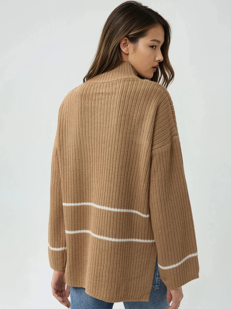 My Fashion Camel Brown MY FASHION Loose Fit Striped Sweater with Zipper Collar for Women | Best Price UAE