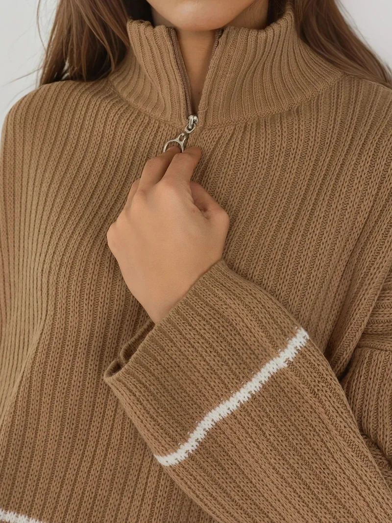My Fashion Camel Brown MY FASHION Loose Fit Striped Sweater with Zipper Collar for Women | Best Price UAE