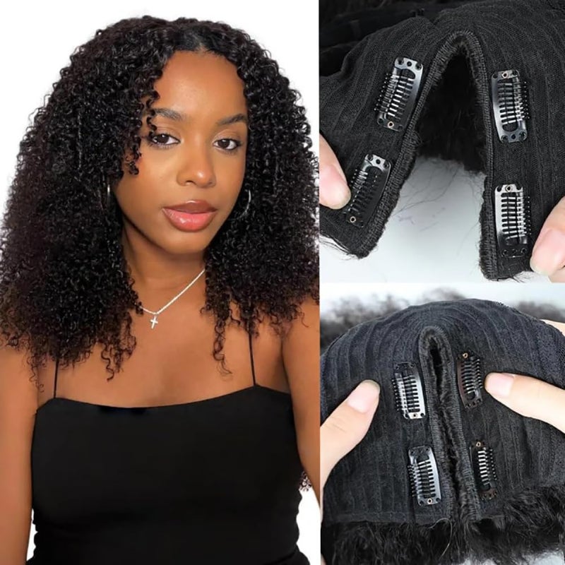 ISEE V Part Wig Human Hair Kinky Curly for Black Women Human Hair Glueless V Part Human Hair Glueless Wig With Elastic Drawstring Kinky Curly Human Hair Wig Beginner Friendly (18 inch) - Image 1