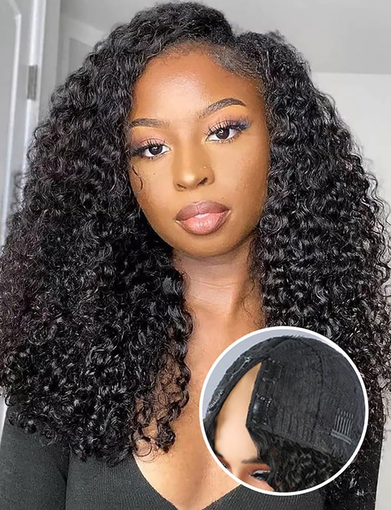 ISEE V Part Wig Human Hair Kinky Curly for Black Women Human Hair Glueless V Part Human Hair Glueless Wig With Elastic Drawstring Kinky Curly Human Hair Wig Beginner Friendly (18 inch) - Image 2