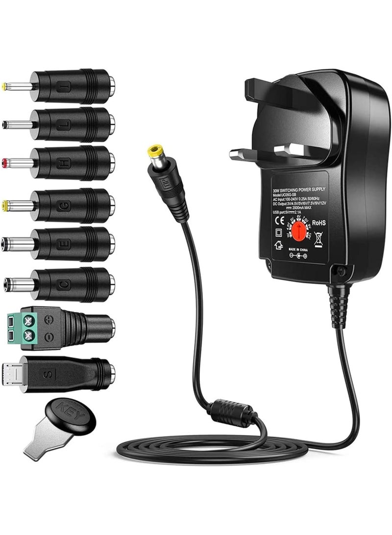 SOLARAE Universal 30W 3V 4.5V 5V 6V 7.5V 9V 12V AC Adapter Switching Power Supply Charger PSU with 8 Selectable Adaptor Tips for 3V-12V Household Electronics and LED Strip - 2000mA Max - Image 1