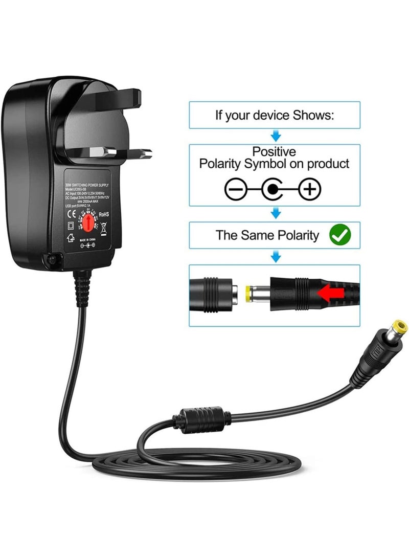 SOLARAE Universal 30W 3V 4.5V 5V 6V 7.5V 9V 12V AC Adapter Switching Power Supply Charger PSU with 8 Selectable Adaptor Tips for 3V-12V Household Electronics and LED Strip - 2000mA Max - Image 3