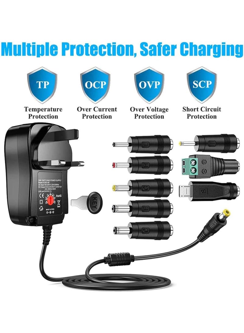 SOLARAE Universal 30W 3V 4.5V 5V 6V 7.5V 9V 12V AC Adapter Switching Power Supply Charger PSU with 8 Selectable Adaptor Tips for 3V-12V Household Electronics and LED Strip - 2000mA Max - Image 2