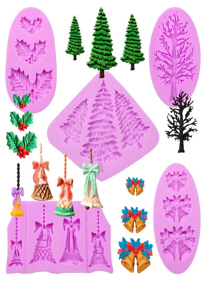 acvcatto Pine Tree Silicone Mold, Christmas Bells Fondant Molds, Holly Leaves Chocolate Baking Mold for Christmas Theme Cake Decoration Cupcake Topper Candy Sugar Craft Gum Paste Clay Resin - Image 1