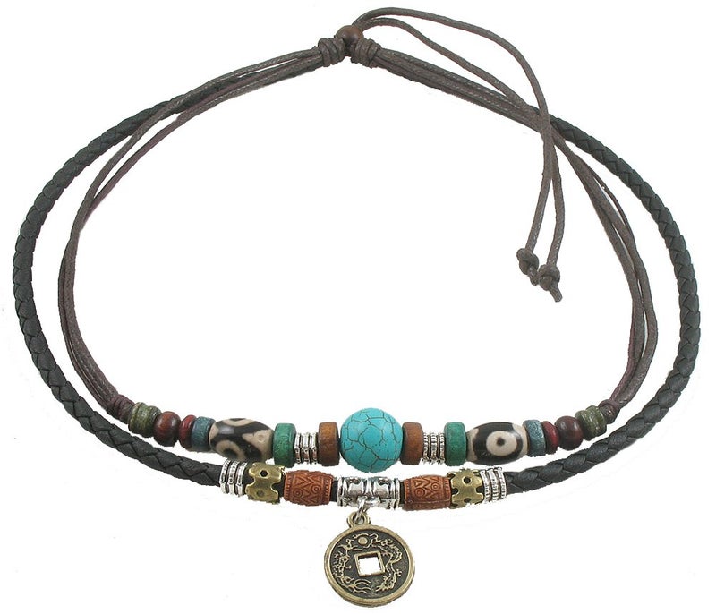 Ancient Tribe Women's Adjustable Hemp Leather Choker Necklace with Turquoise Bead