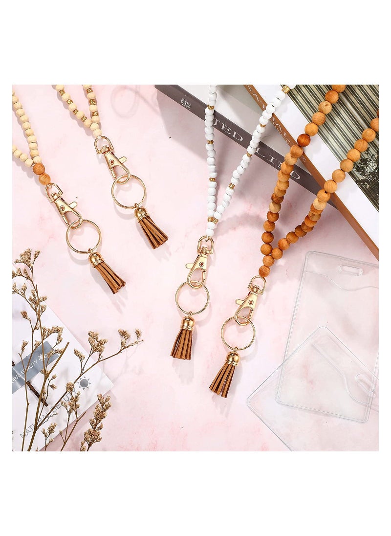 مجموعة من 12 قطعة من أحزمة العنق المصنوعة من الخرز الخشبي على الطراز القديم وحاملات البطاقات، بما في ذلك 4 أحزمة رقبة من الخرز الخشبي مع شرابة و8 حاملات بطاقات شفافة، للمفاتيح وحقائب الهاتف وبطاقات الهوية - Image 4