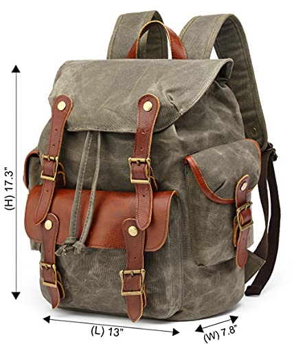 HuaChen Vintage Heavy Duty Canvas Backpack with Leather Trims,Military Rucksack for Travel, Hiking,School, College Bookbag Daypack - M85 Army Green - Image 2