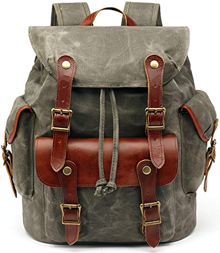 HuaChen Vintage Heavy Duty Canvas Backpack with Leather Trims,Military Rucksack for Travel, Hiking,School, College Bookbag Daypack - M85 Army Green - Image 1