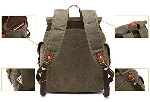 HuaChen Vintage Heavy Duty Canvas Backpack with Leather Trims,Military Rucksack for Travel, Hiking,School, College Bookbag Daypack - M85 Army Green - Image 4