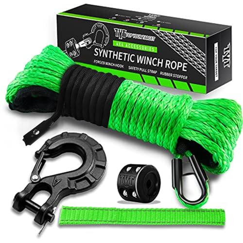 TYT Off-Road Winch Rope Kit - 3/16''x50', 8500 Lbs Green Synthetic Cable with Protective Sheath, Heavy-Duty Hook, Safety Pull Strap & Rubber Stopper Ideal for 4WD ATV UTV Vehicles, (JPS31650G) - Image 1