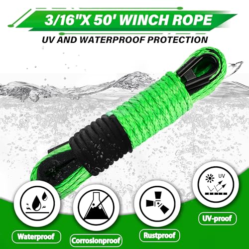 TYT Off-Road Winch Rope Kit - 3/16''x50', 8500 Lbs Green Synthetic Cable with Protective Sheath, Heavy-Duty Hook, Safety Pull Strap & Rubber Stopper Ideal for 4WD ATV UTV Vehicles, (JPS31650G) - Image 2
