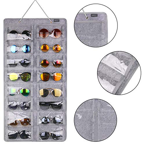 AROUY Sunglasses Organizer - Hanging Wall Pocket with 16 Felt Slots, Metal Hook and Sturdy Rope (Gray, Dust Proof) - Image 2