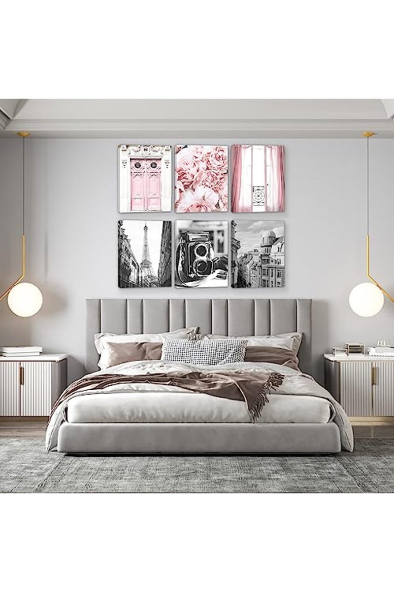 HoozGee Framed Vintage Fashion Paris Wall Art Prints Set of 6 Black and White Canvas Poster with WOODEN FRAME INSIDE Eiffel Tower Pink Flower Windows Photography Photos Wall Decor (8"x10" FRAME) - Image 2