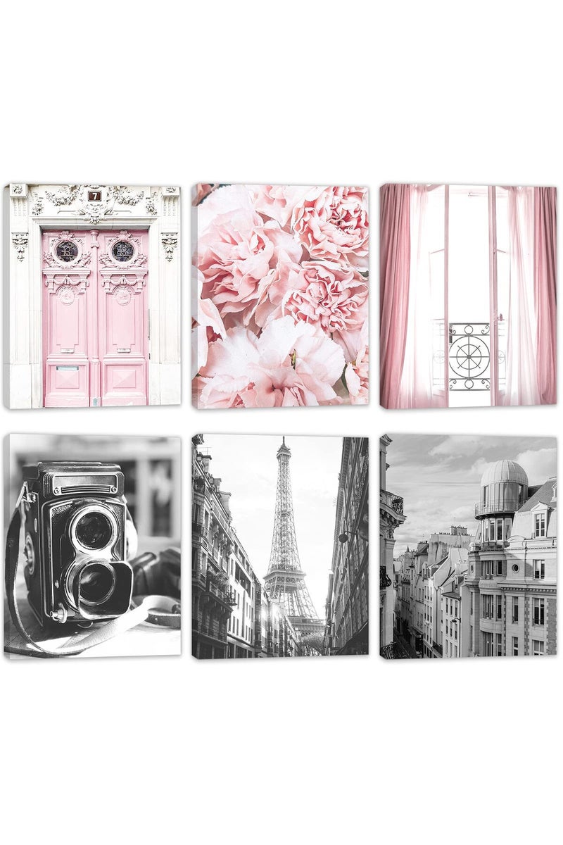 HoozGee Framed Vintage Fashion Paris Wall Art Prints Set of 6 Black and White Canvas Poster with WOODEN FRAME INSIDE Eiffel Tower Pink Flower Windows Photography Photos Wall Decor (8"x10" FRAME) - Image 1