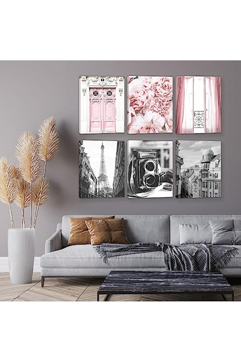 HoozGee Framed Vintage Fashion Paris Wall Art Prints Set of 6 Black and White Canvas Poster with WOODEN FRAME INSIDE Eiffel Tower Pink Flower Windows Photography Photos Wall Decor (8"x10" FRAME) - Image 5