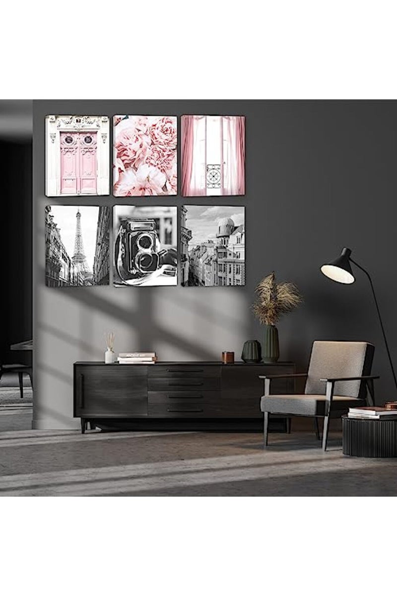 HoozGee Framed Vintage Fashion Paris Wall Art Prints Set of 6 Black and White Canvas Poster with WOODEN FRAME INSIDE Eiffel Tower Pink Flower Windows Photography Photos Wall Decor (8"x10" FRAME) - Image 4