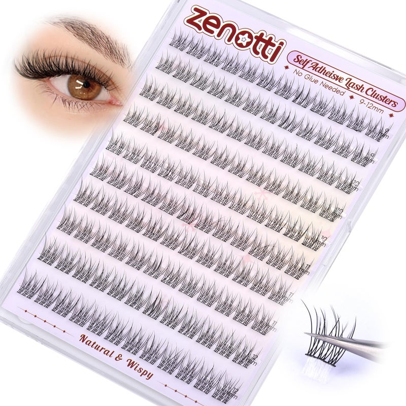 zenotti Natural Self Adhesive Clusters Lashes No Glue Self Adhesive Wispy Cluster Eyelashes Extensions Pre-glued Lashes Cluster Reusable C-Curly Individual Lashes 9-12mm Press on Lash by zenotti - Image 1
