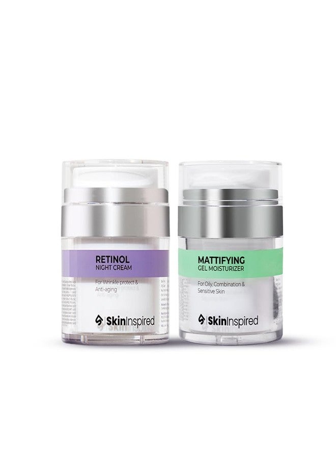 SkinInspired Day & Night Combo Kit-Retinol Night Cream(50g)+Mattifying Gel Moisturizer(50g)| Skin Care Combo For Women & Men | Non Greasy | Dermatologically Tested (Oily Skin) - Image 1