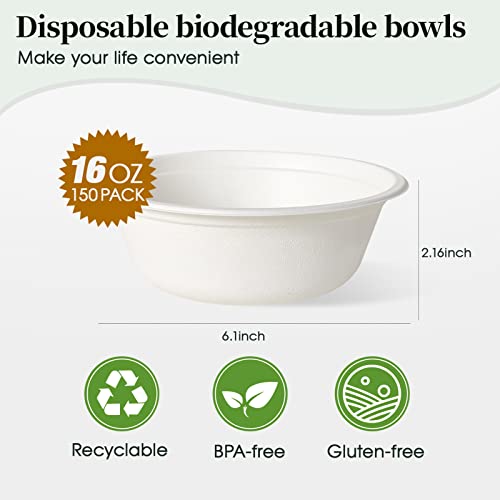 ECOLipak 16 oz Paper Bowls, [150-Pack] Compostable Paper Bowls Bulk, Heavy-duty Disposable Bowls for Hot And Cold Food - Image 2