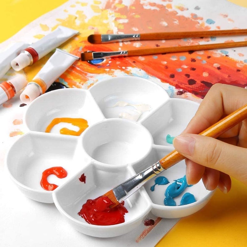 DEZIINEý.Fx1Pcs Small FlowerPalette and 3Pcs Flat and 3Pcs Round Paint Brush Set with Short Wood Handles Color Mixing Palette Paint Plate Draw Palette - White - Image 3