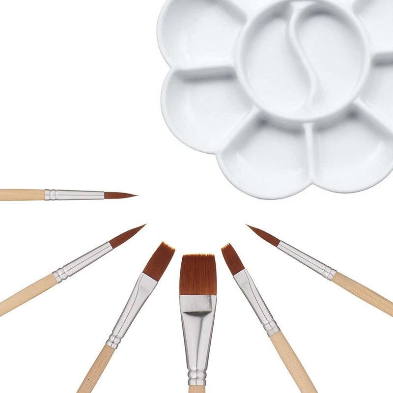 DEZIINEý.Fx1Pcs Small FlowerPalette and 3Pcs Flat and 3Pcs Round Paint Brush Set with Short Wood Handles Color Mixing Palette Paint Plate Draw Palette - White - Image 2