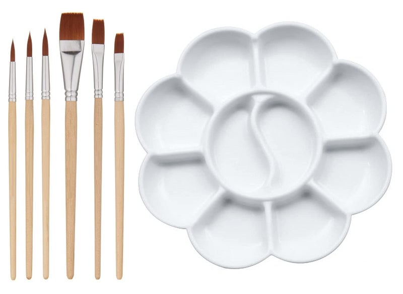 DEZIINEý.Fx1Pcs Small FlowerPalette and 3Pcs Flat and 3Pcs Round Paint Brush Set with Short Wood Handles Color Mixing Palette Paint Plate Draw Palette - White - Image 1